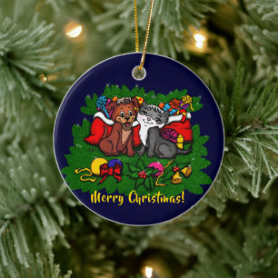 Kitty and Puppy , Happy XMas Keramik Ornament