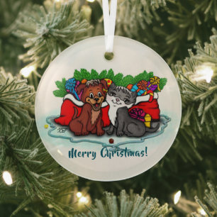 Kitty and Puppy , Happy XMas Ornament Aus Glas