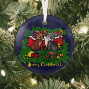 Kitty and Puppy , Happy XMas Ornament Aus Glas