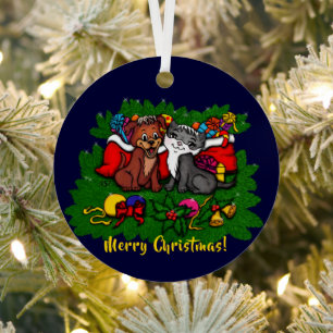 Kitty and Puppy , Happy XMas Ornament Aus Metall
