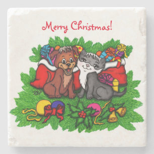 Kitty and Puppy , Happy XMas Steinuntersetzer