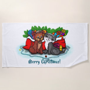 Kitty and Puppy , Happy XMas Strandtuch