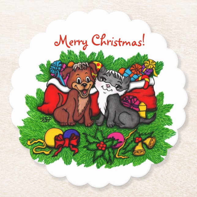 Kitty and Puppy , Happy XMas Untersetzer (Vorderseite)