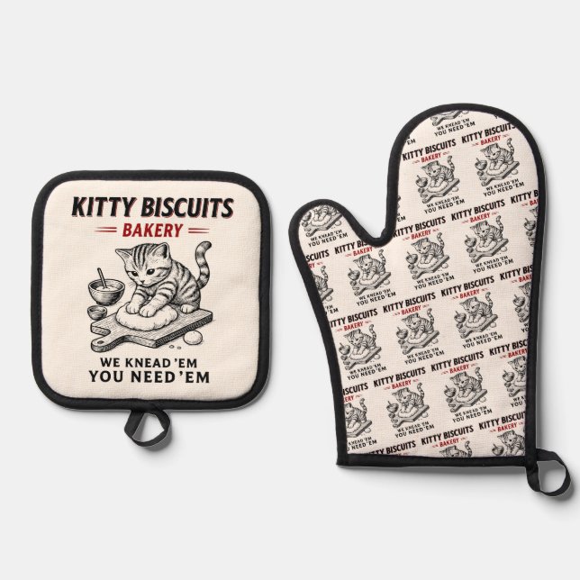 Kitty Biscuits Bäckerei Ofenhandschuh & Topflappen-Set (Vorderseite)