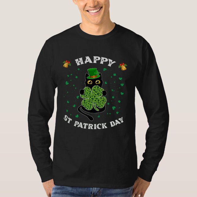 Kitty Black Cat Holding Shamrock Happy St Patrick  T-Shirt (Vorderseite)