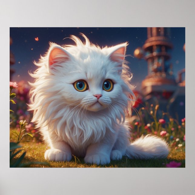 *~* Kitty Cat 5:4 Kitten White Long Hair Fluffy Poster (Vorne)