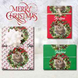 Kitty Cat Christmas Foto & Name Candy Cane 3 Geschenkpapier Set
