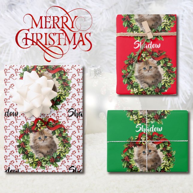 Kitty Cat Christmas Foto & Name Candy Cane 3 Geschenkpapier Set (Von Creator hochgeladen)