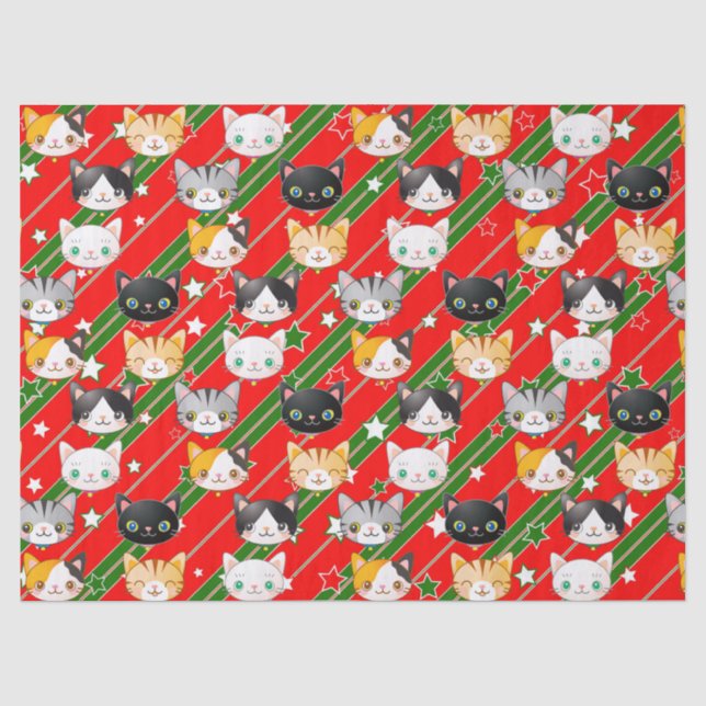 Kitty Cat Christmas Red & Green Niedlich Seidenpapier (Vorderseite)