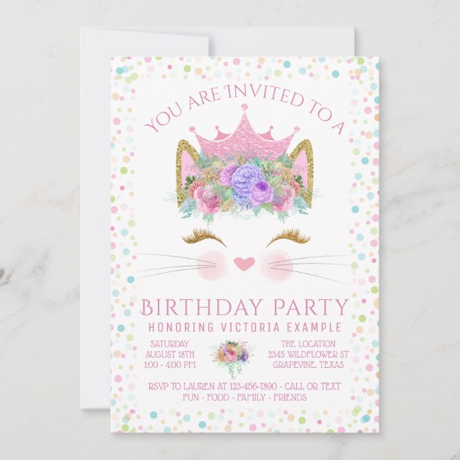 Kitty Cat Confetti Geburtstagsparty Einladung (Vorderseite)