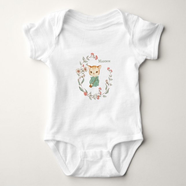 Kitty Cat Floral Personalisiert Name Girl Baby Strampler (Vorderseite)