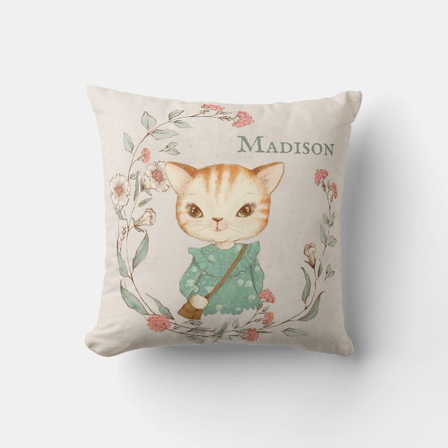 Kitty Cat Floral Personalisiert Name Girl Kissen (Vorderseite)
