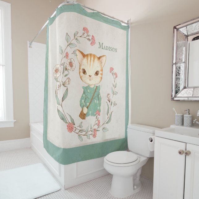 Kitty Cat Floral Personalisiert Name Girten Kitten Duschvorhang (Beispiel)