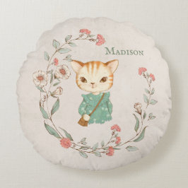 Kitty Cat Floral Personalisiert Name Girten Kitten Rundes Kissen