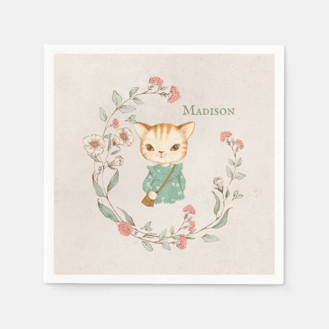 Kitty Cat Floral Personalisiert Name Girten Kitten Serviette (Vorderseite)