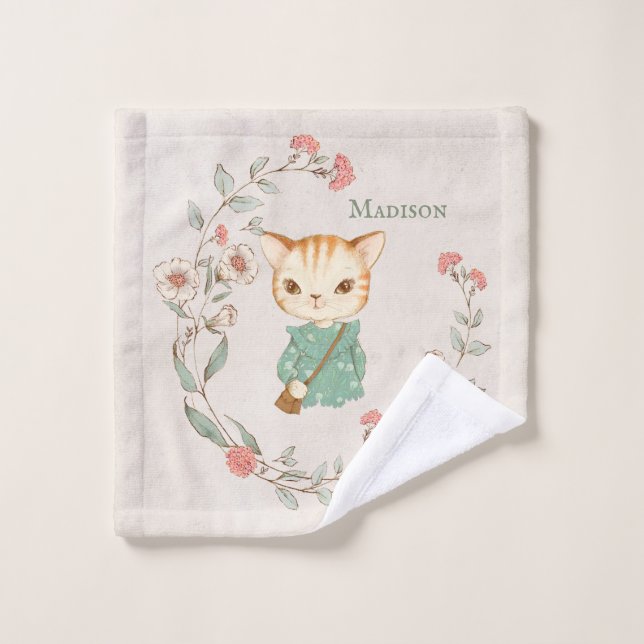 Kitty Cat Floral Personalisiert Name Girten Kitten Waschlappen (Waschlappen)