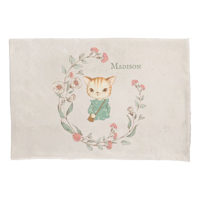 Kitty Cat Floral Personalisierter Name Girls Bette Kissenbezug (Vorderseite)
