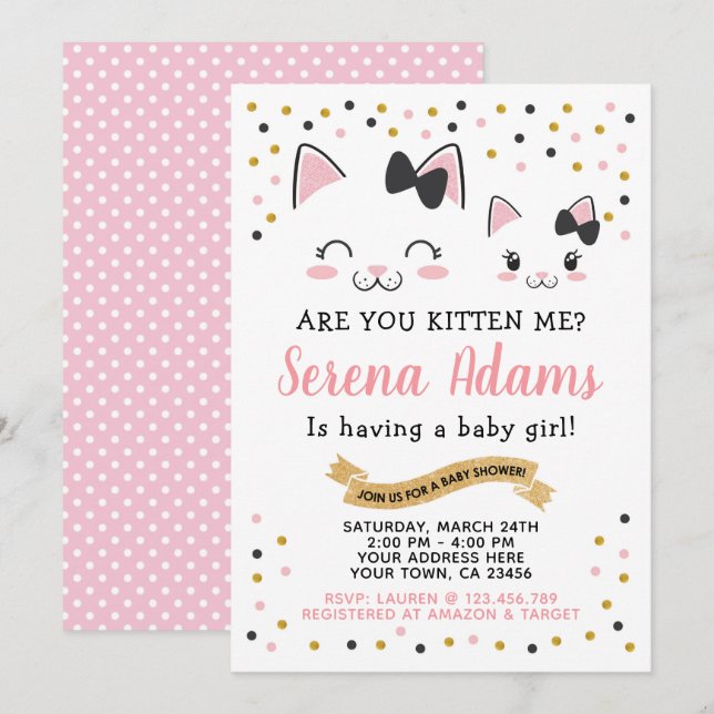 Kitty Cat Girls Babydusche Einladung (Vorne/Hinten)