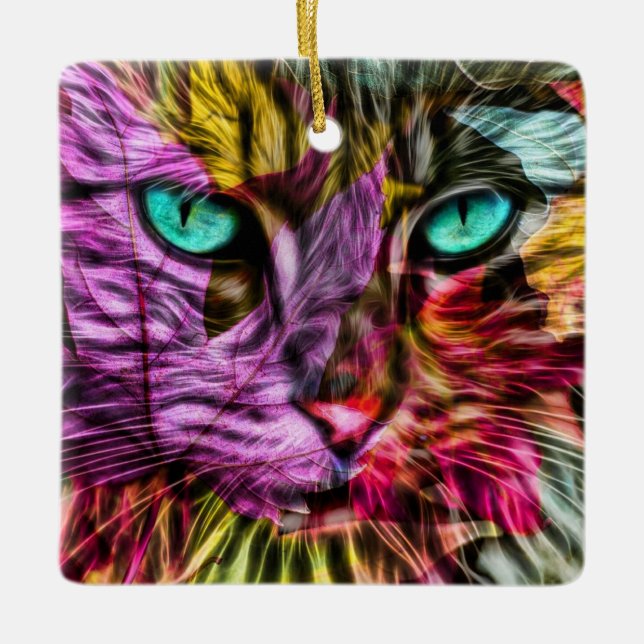 Kitty Cat Herbstlaube Farbiges Künstlerisches Desi Keramikornament (Vorderseite)