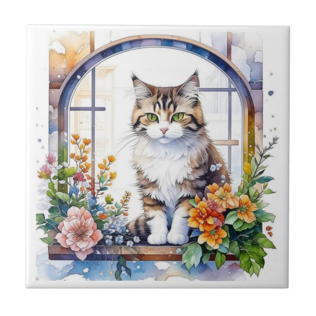 Kitty Cat im Fenster der Blume Fliese (Vorderseite)