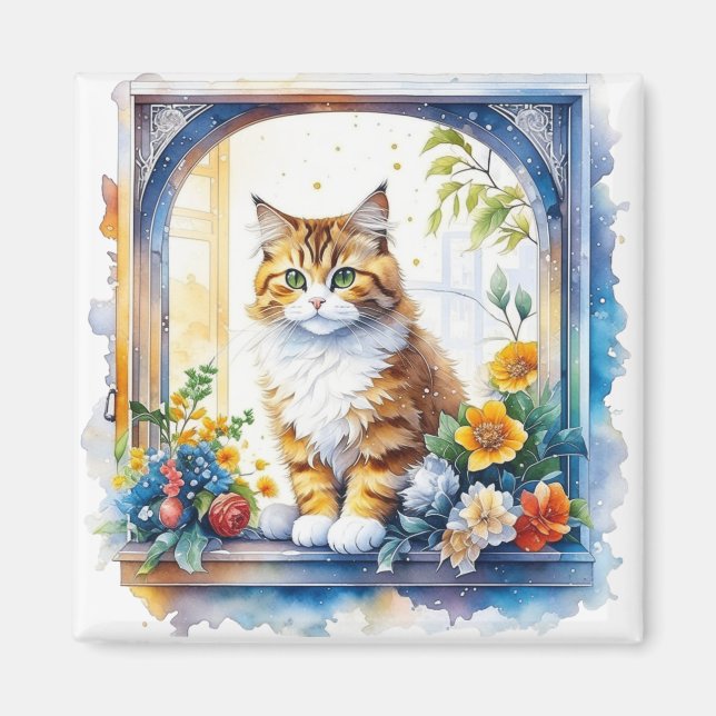Kitty Cat im Fenster der Blume Personalisiert Magnet (Vorne)