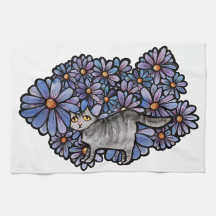Kitty Cat Lila Daisies Gray Cat Art Gray Cats Geschirrtuch