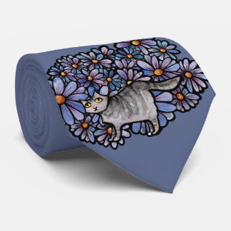 Kitty Cat Lila Daisies Gray Cat Art Gray Cats Krawatte