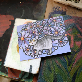 Kitty Cat Lila Daisies Gray Cat Art Gray Cats Postkarte