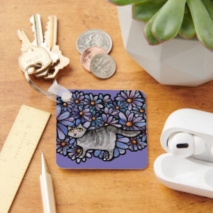Kitty Cat Lila Daisies Gray Cat Art Gray Cats Schlüsselanhänger