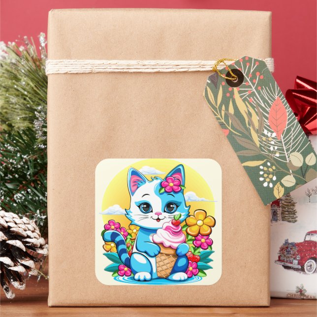 Kitty Cat mit Eis Summer Kawaii Charakter Quadratischer Aufkleber (Feiertag)