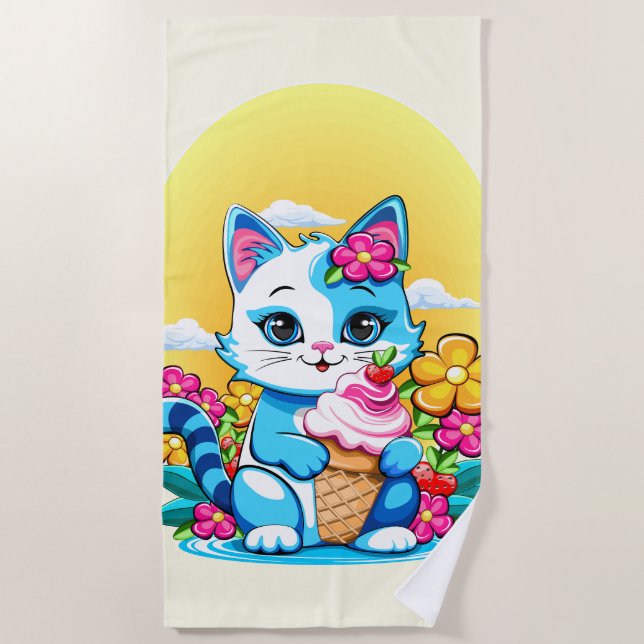 Kitty Cat mit Eis Summer Kawaii Charakter Strandtuch (Vorderseite)