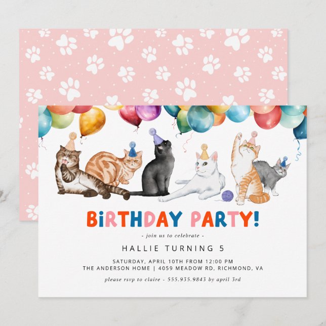 Kitty Cat Party | Spaß Farbiger Kindergeburtstag Einladung (Vorne/Hinten)