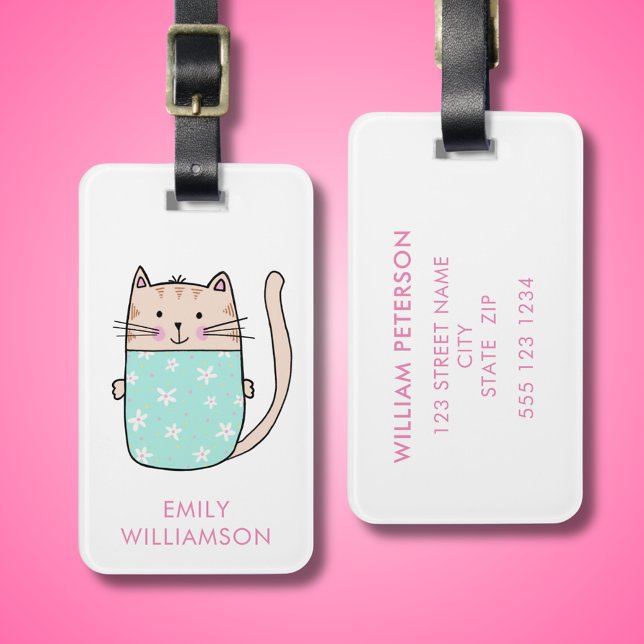 Kitty Cat Personalisiert Gepäckanhänger (Cute cat illustrated and personalized luggage tag.)