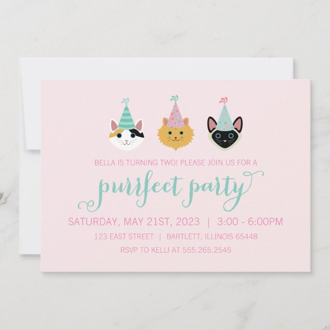 Kitty Cat Pink und Green Birthday Party, Kitten Einladung (Vorderseite)