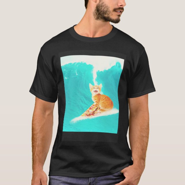 Kitty Cat Surfing Pizza T-Shirt (Vorderseite)