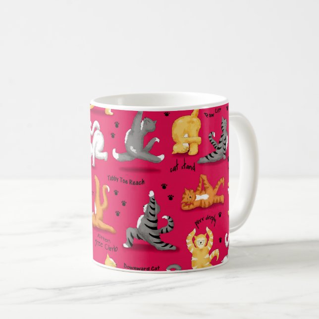 Kitty Cat Yoga Posen Rot Gelb Kaffeetasse (VorderseiteRechts)
