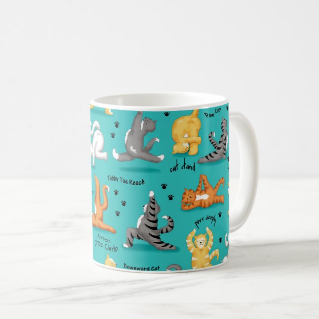 Kitty Cat Yoga Posen Türkis Blau Kaffeetasse (VorderseiteRechts)