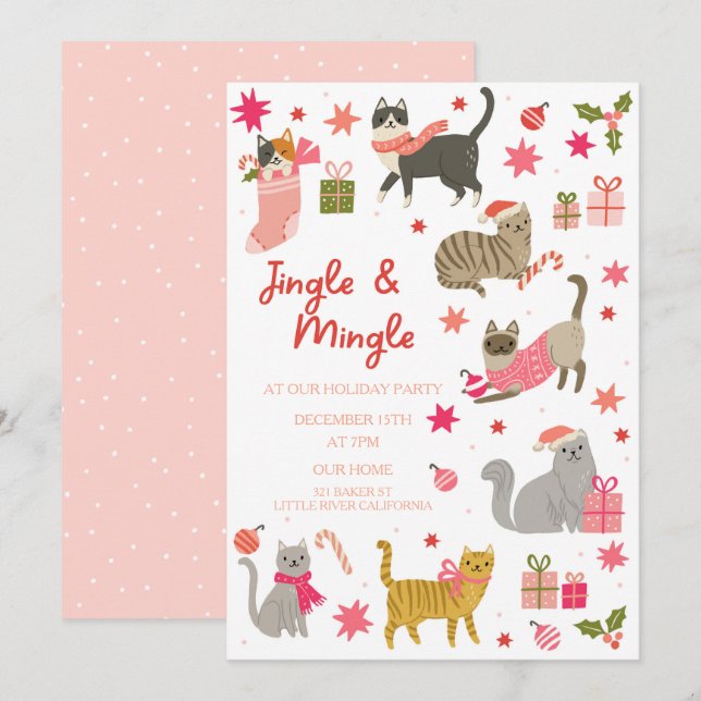 Kitty Chat rose Noël Fête Invitation (Devant / Derrière)
