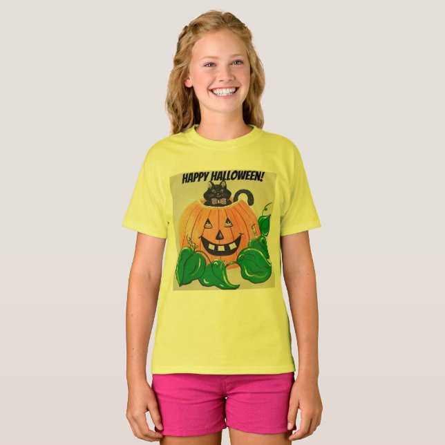 Kitty en T-shirt Halloween Citrouille (Devant entier)