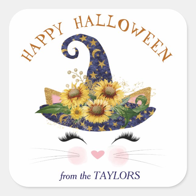 Kitty Face Gold Floral Halloween Quadratischer Aufkleber (Vorderseite)