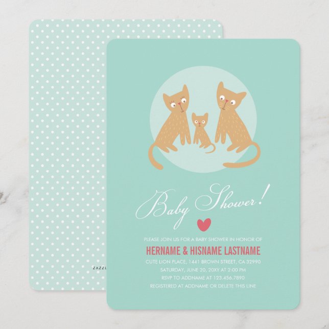 Kitty Family Mint Couples Baby shower Invitation R (Devant / Derrière)