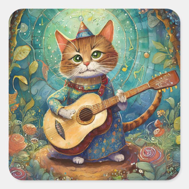 Kitty Kat Gitarre spielen Quadratischer Aufkleber (Vorderseite)