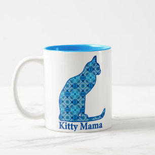 Kitty Mama sitzt Katze in Denim Blue Pattern Zweifarbige Tasse