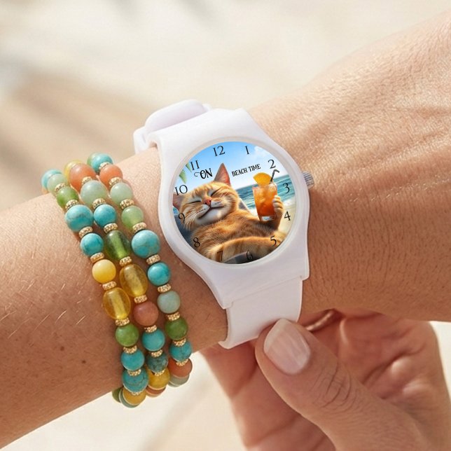 Kitty on Beach Summer Sun Armbanduhr (Watch featuring a colorful painting of a kitty enjoying a drink on the beach.)