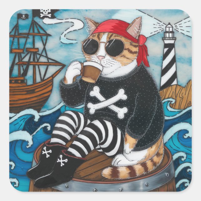Kitty Pirate in fuzzy schwarzen Pullover mit einem Quadratischer Aufkleber (Vorderseite)