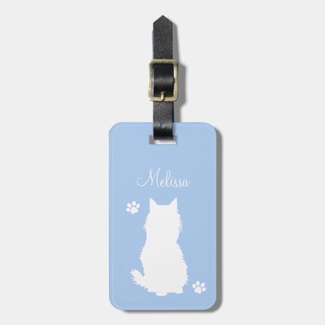 Kitty-Silhouette und Tatzen auf aquamarinem Gepäckanhänger (Vorderseite vertikal)