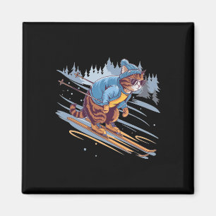 Kitty Ski Down a Snowy Slope Funny Magnet