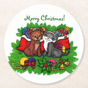 Kitty und Puppy, Frohe Weihnachten Runder Pappuntersetzer
