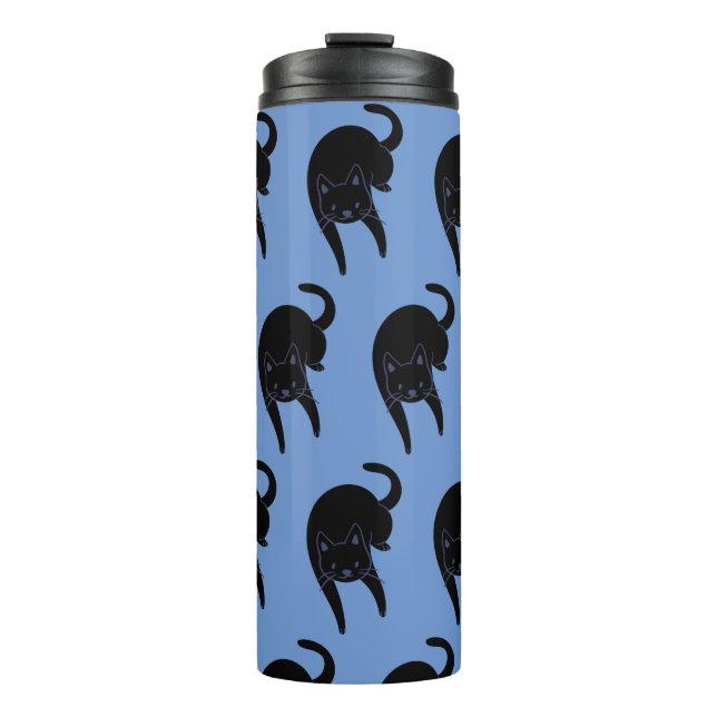 Kitty Voices Black Cat Pattern Blau Thermosbecher (Vorderseite)