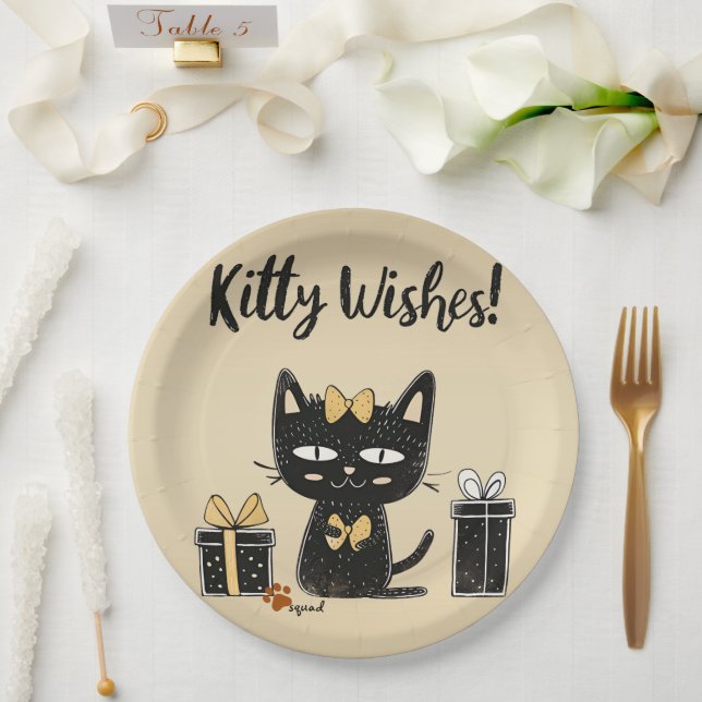 Kitty wünscht Niedliche Schwarzkatze mit Geburtsta Pappteller (Hochzeit)